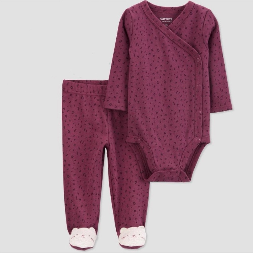 Newborn Baby Girls Purple Animal Print Long Sleeve Snap Onesie Pants Set Outfit